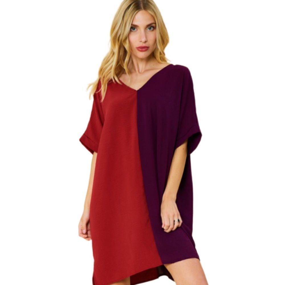 Colorblock V-Neck Shift Dress in Burgundy and Plum